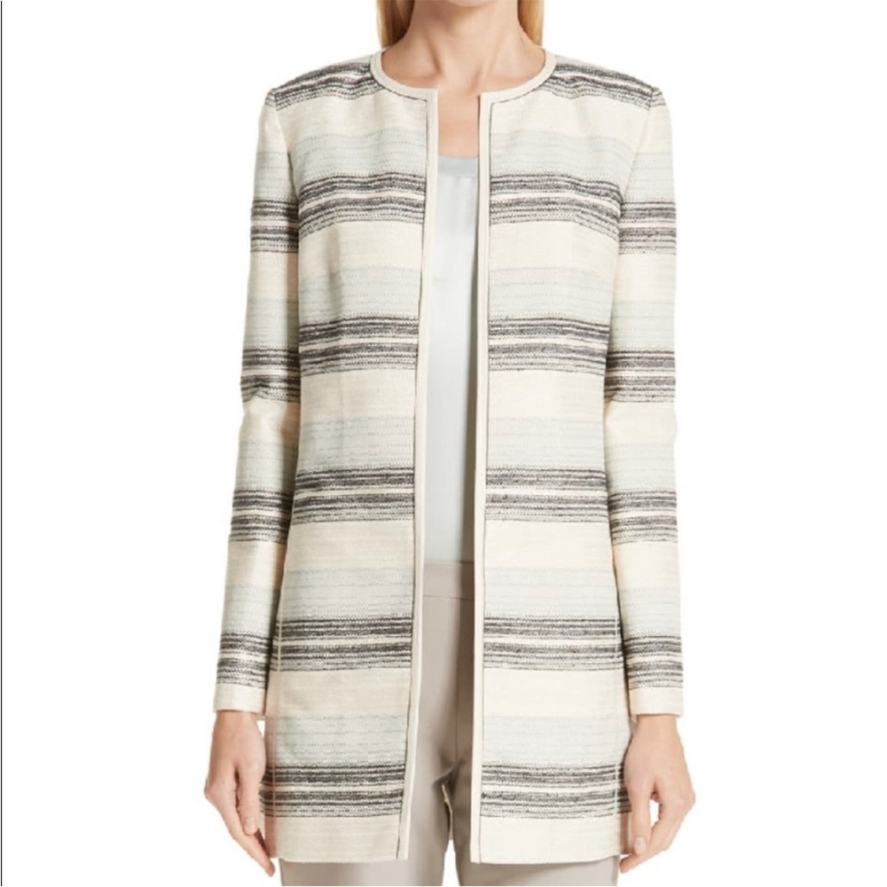 Lafayette 148 Pria Cream Metallic Tweed Open Front Jacket Blazer Raffia Size 6